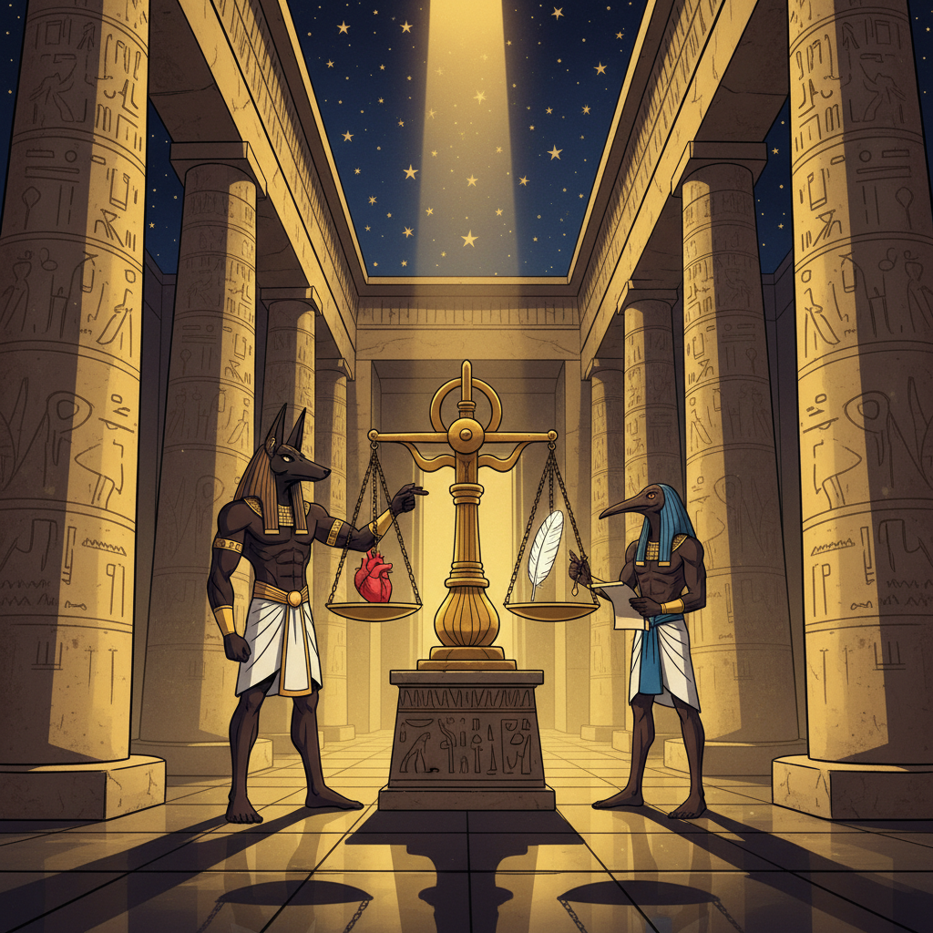 The Hall of Two Truths — Anpu weighs your heart against the Feather of Maat